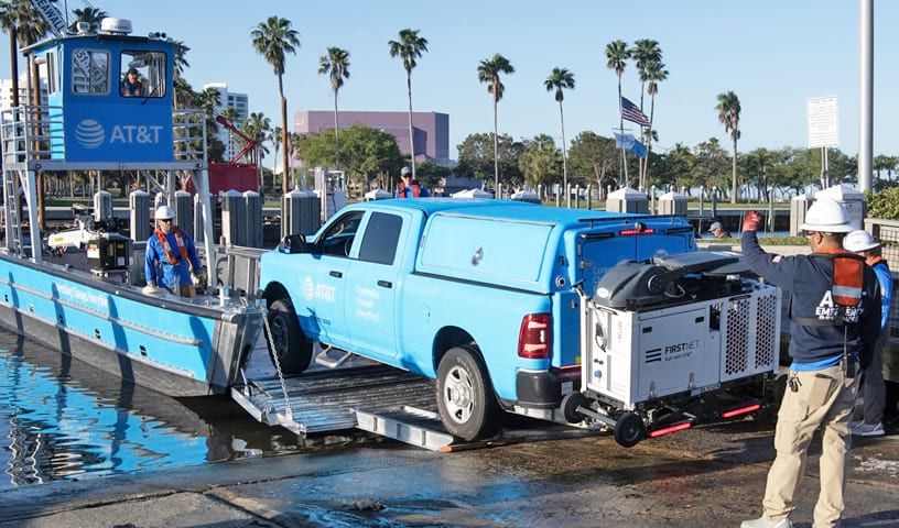 FirstNet CRD is being loaded on to new AT&T Landing Craft for transport, a maritime solution for public safety. 