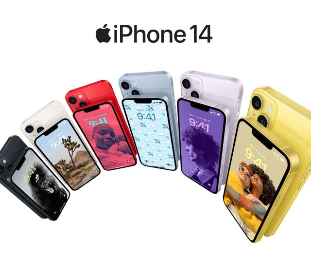 Fanned out display of black, white, red, silber, white, and yellow iPhone 14 (standard) and iPhone 14 Plus
