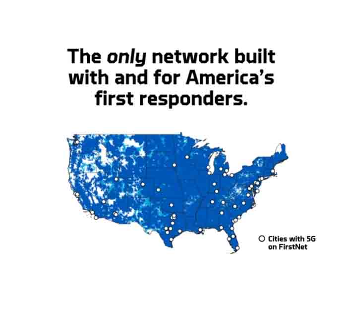 Blue coverage map of the continental United States, showing cities with 5G on FirstNet (and heading title, "The only network built with and for America's first responders.").