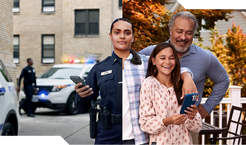 FirstNet and Family - First responder posing at work and with family.