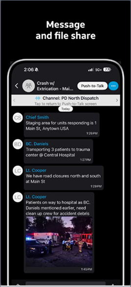 FirstNet Fusion app screenshot showing text: “Push-to-talk via softkey or device hardkey.” The interface displays a prominent large blue round 'Press to Talk' button for voice communication.